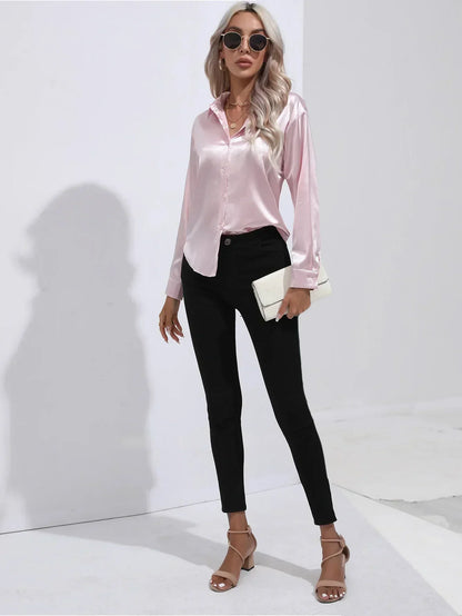 Ladies Luxe Satin Blouse with Collar and Curved Hem