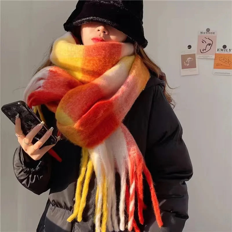 Scarf for Women Checked Winter with Fringes