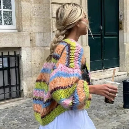 Colourful knitted short cardigan with puff sleeves for women - Aleta
