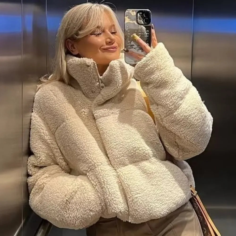 Beige Teddy Bomber Jacket Soft Warm with Pockets for Women