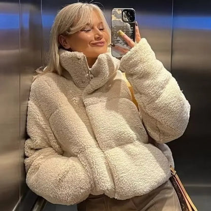 Beige Teddy Bomber Jacket Soft Warm with Pockets for Women
