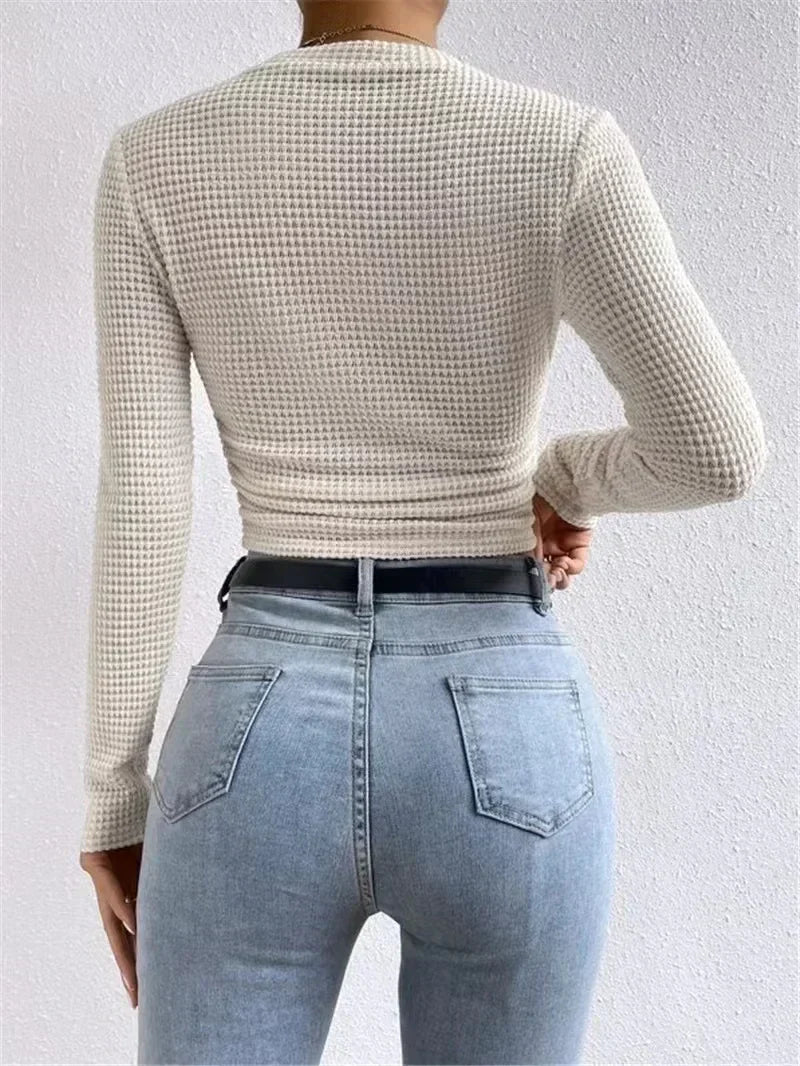 Fitted Crop Top with Long Sleeves and Texture
