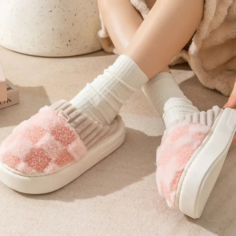 Warm Slippers with Check Pattern for Women
