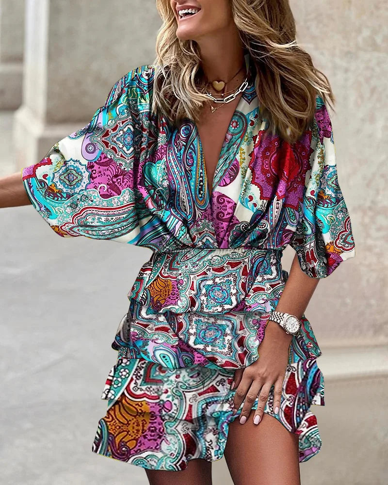 Wrap Dress with Floral Print and Ruffles