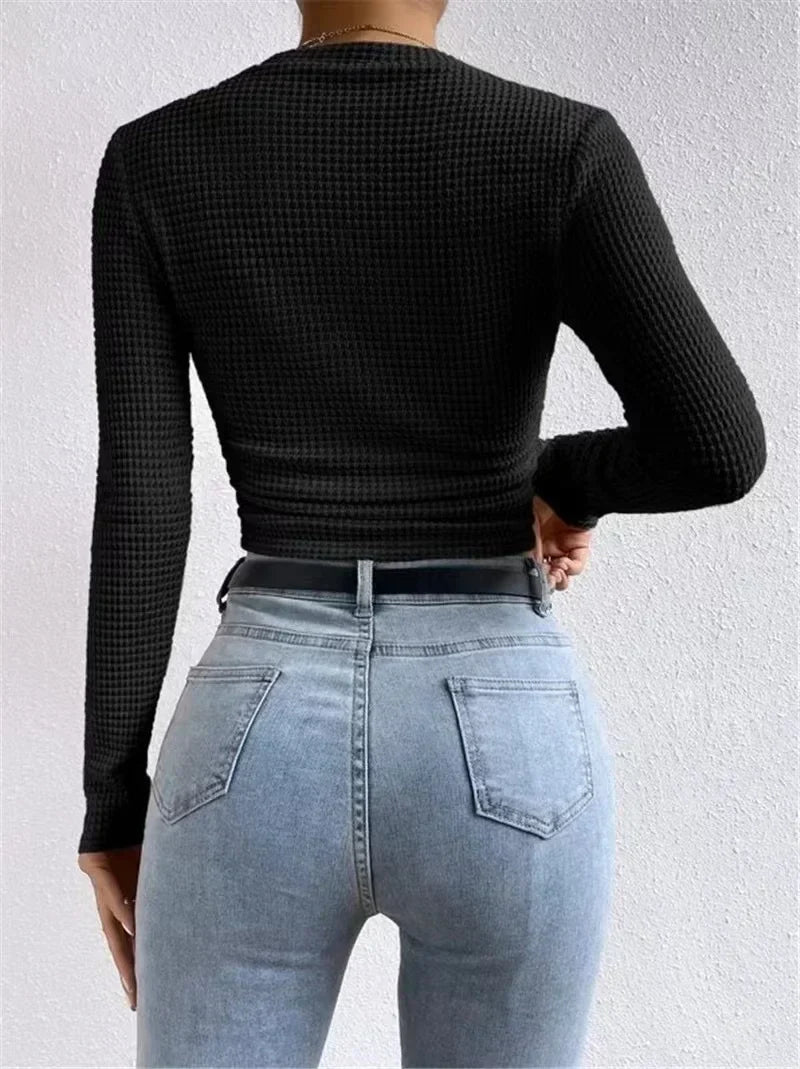 Fitted Crop Top with Long Sleeves and Texture