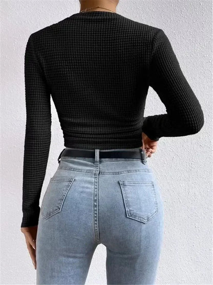 Fitted Crop Top with Long Sleeves and Texture