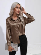 Ladies Luxe Satin Blouse with Collar and Curved Hem