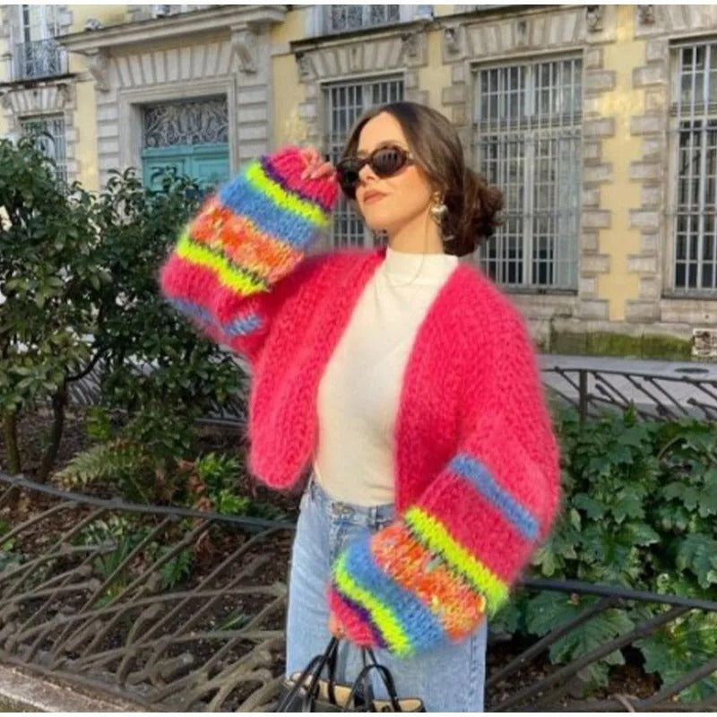 Colourful knitted short cardigan with puff sleeves for women - Aleta