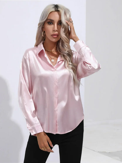 Ladies Luxe Satin Blouse with Collar and Curved Hem