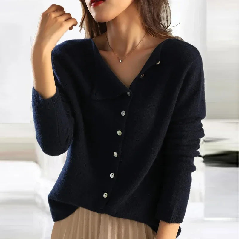 Ladies' Cosy Knitted Cardigan with Button Closure and Wide Neck