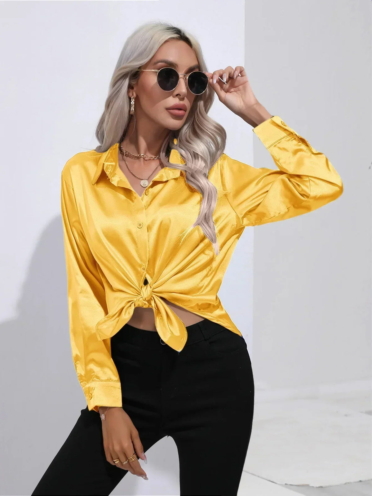 Ladies Luxe Satin Blouse with Collar and Curved Hem