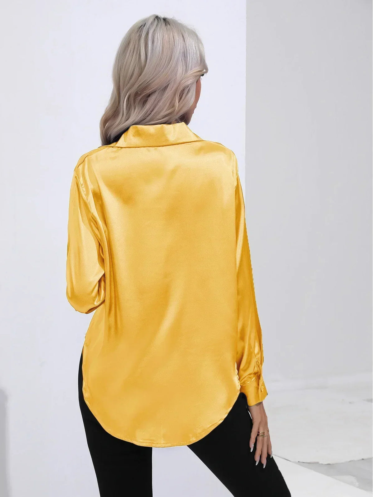 Ladies Luxe Satin Blouse with Collar and Curved Hem