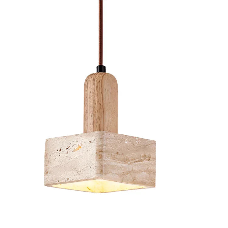 Lámpara colgante cuadrada LED de lujo de travertino y madera