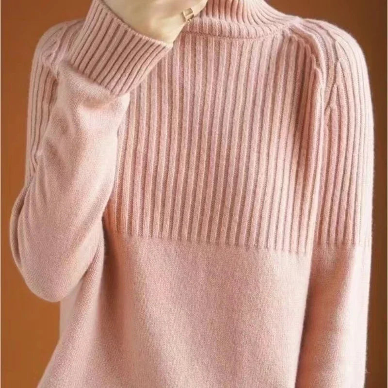 Elegant Warm Ladies' Turtleneck Sweater with Ribbed Details