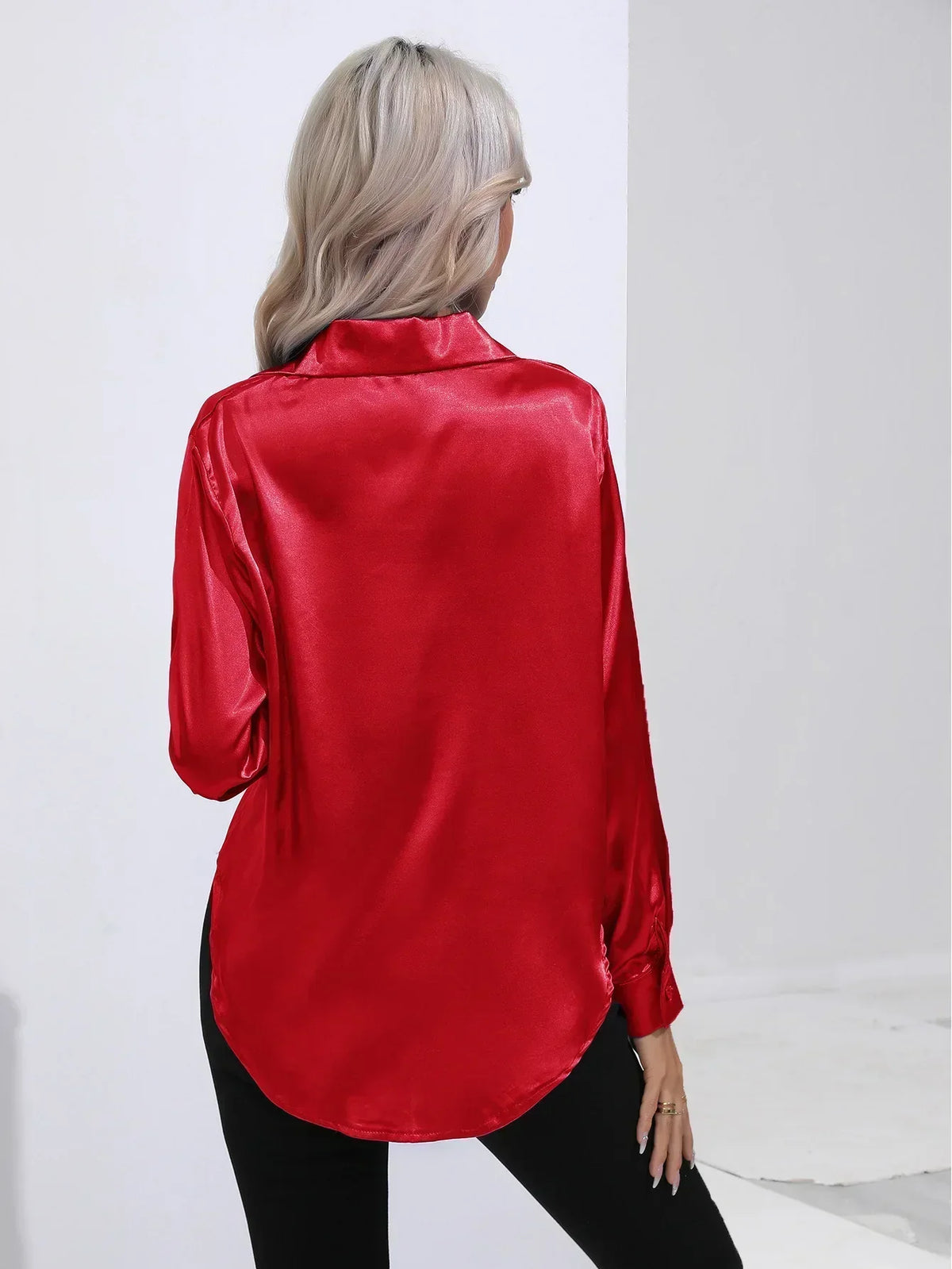 Ladies Luxe Satin Blouse with Collar and Curved Hem