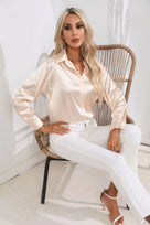 Ladies Luxe Satin Blouse with Collar and Curved Hem