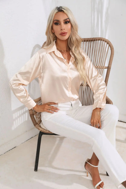 Ladies Luxe Satin Blouse with Collar and Curved Hem