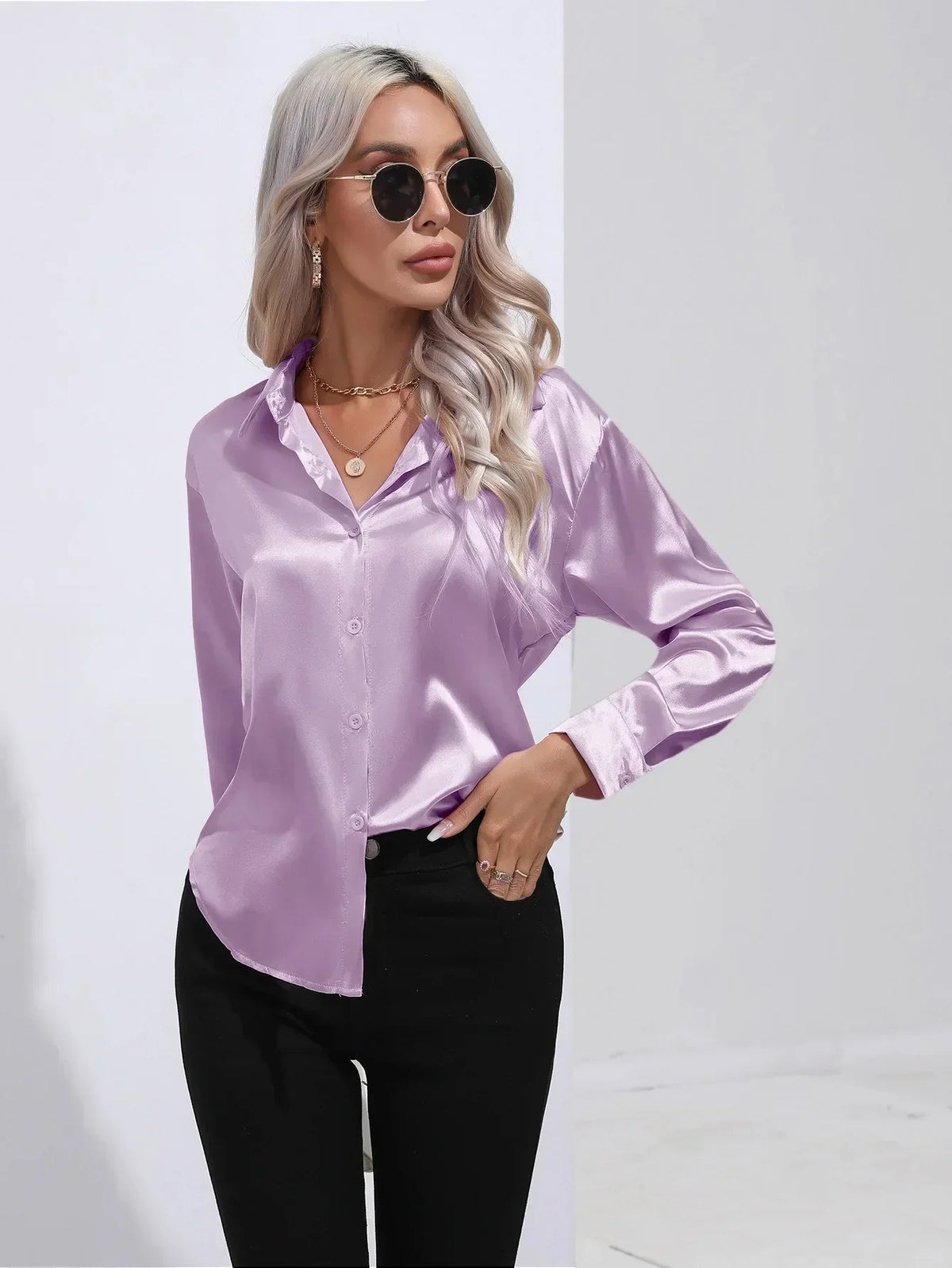 Ladies Luxe Satin Blouse with Collar and Curved Hem