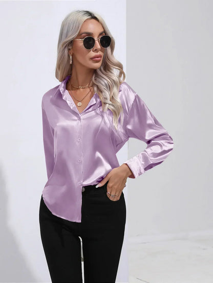 Ladies Luxe Satin Blouse with Collar and Curved Hem