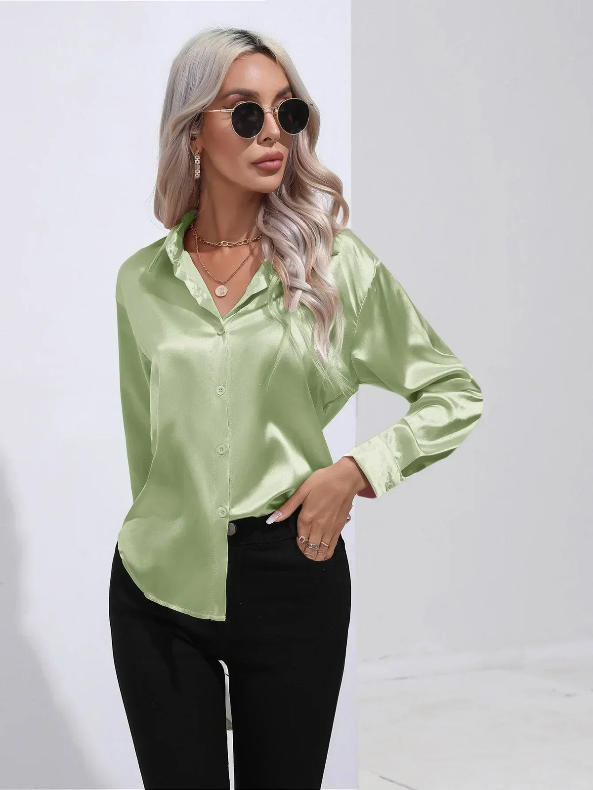Ladies Luxe Satin Blouse with Collar and Curved Hem