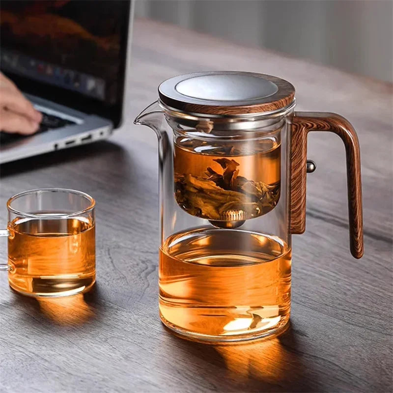 Théière élégante en verre avec infuseur – Infusion raffinée et poignée en bois