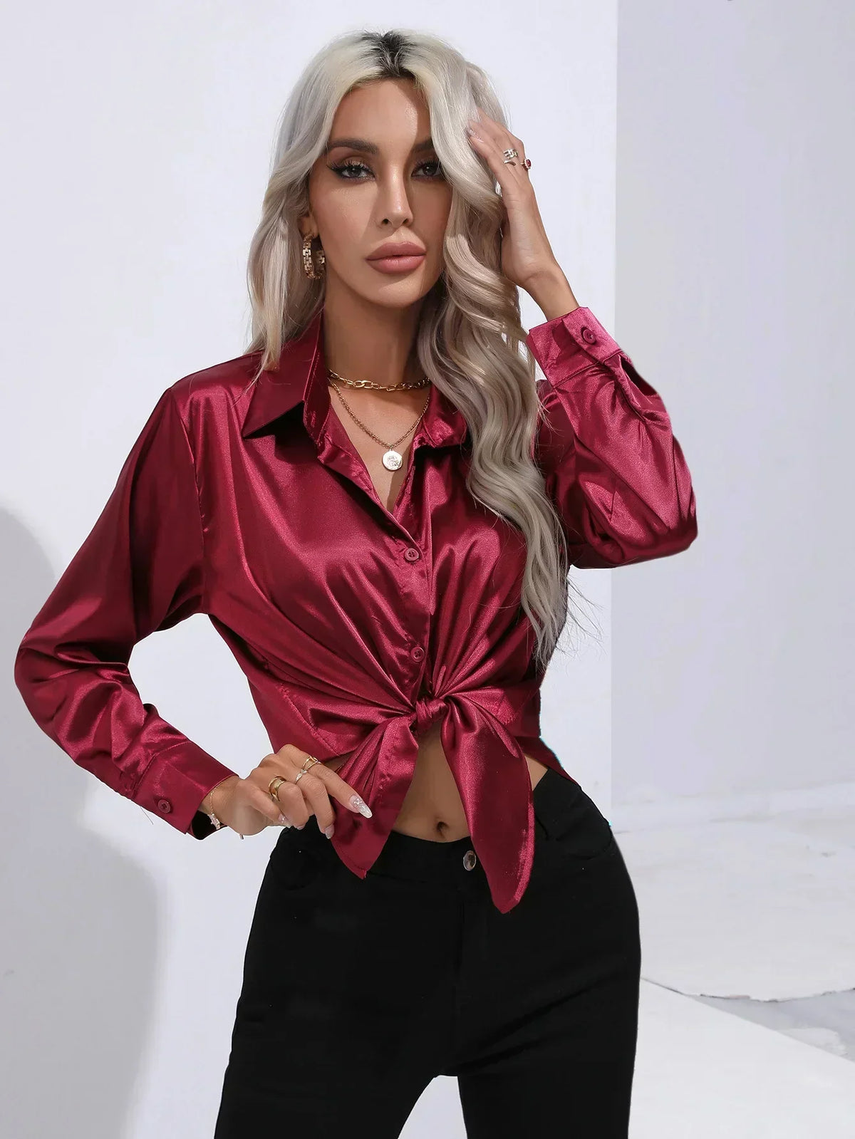 Ladies Luxe Satin Blouse with Collar and Curved Hem