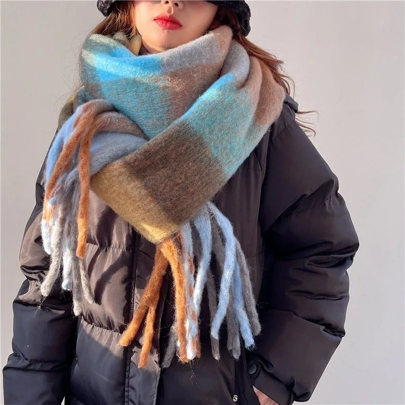 Scarf for Women Checked Winter with Fringes