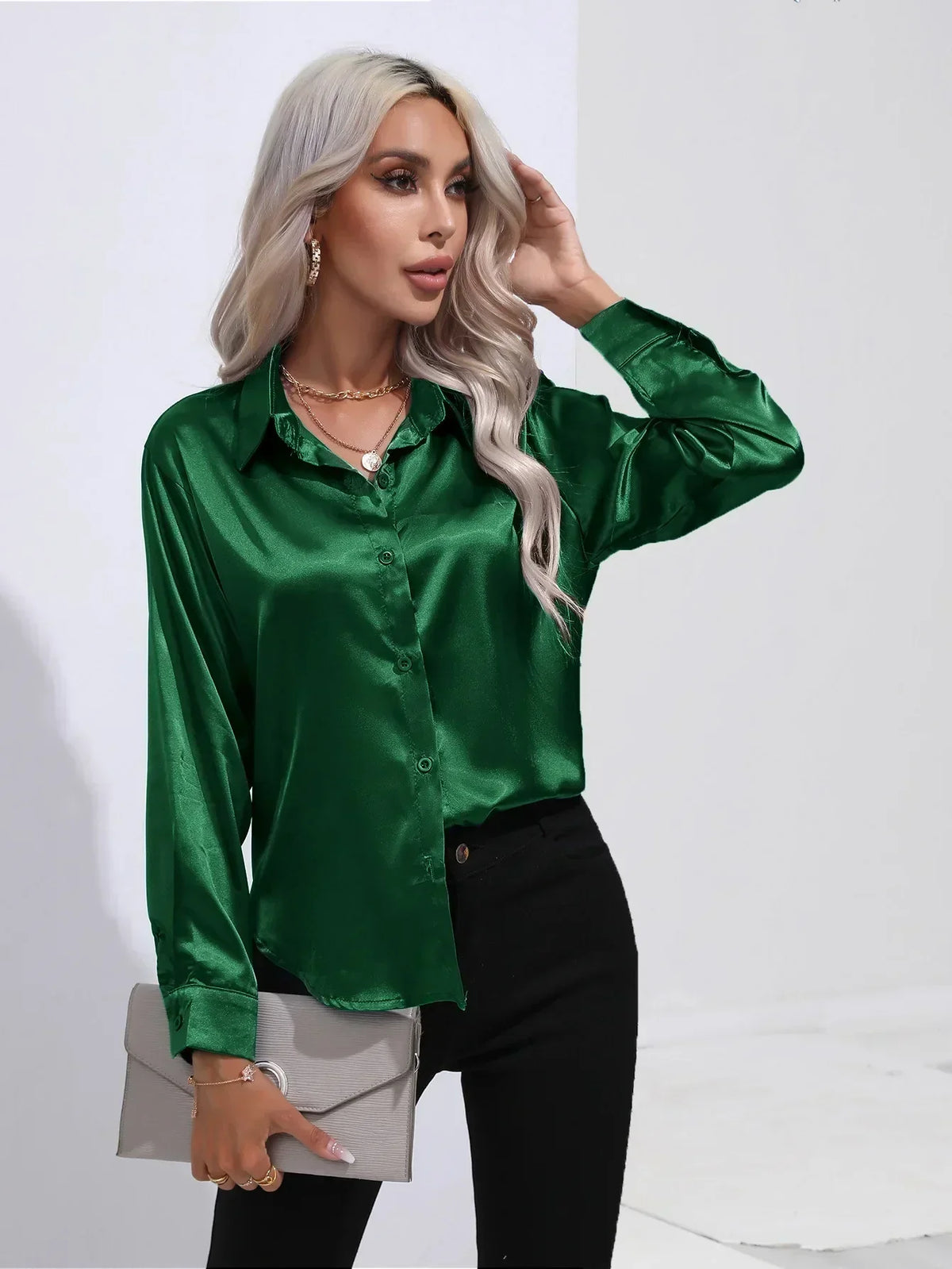 Ladies Luxe Satin Blouse with Collar and Curved Hem