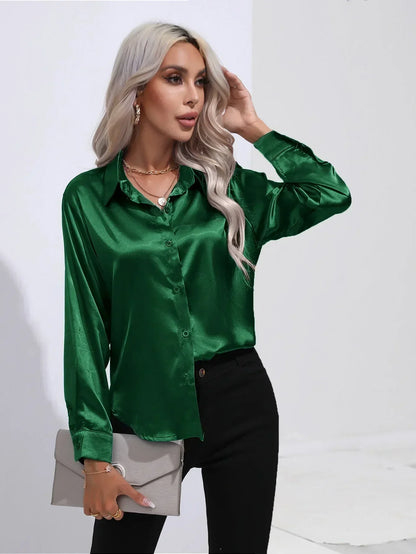 Ladies Luxe Satin Blouse with Collar and Curved Hem