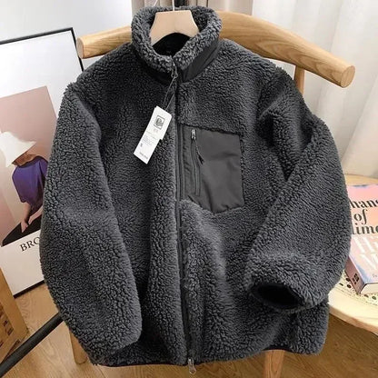 Ladies' Warm Teddy Jacket with High Collar and Zip Pockets