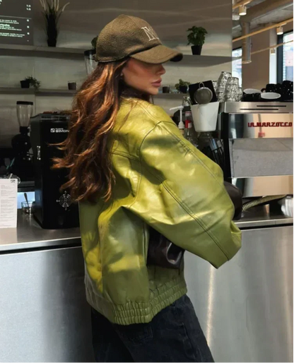 Trendy Oversized Green Leather Jacket for Women with Relaxed Fit