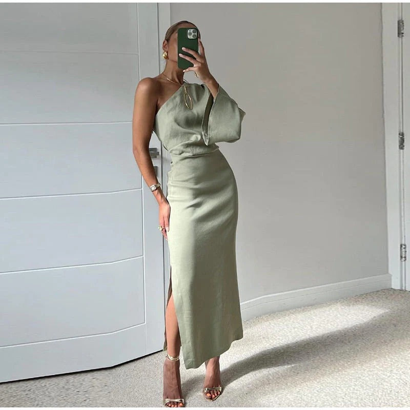 Linen dress with one shoulder and side slit - Maja