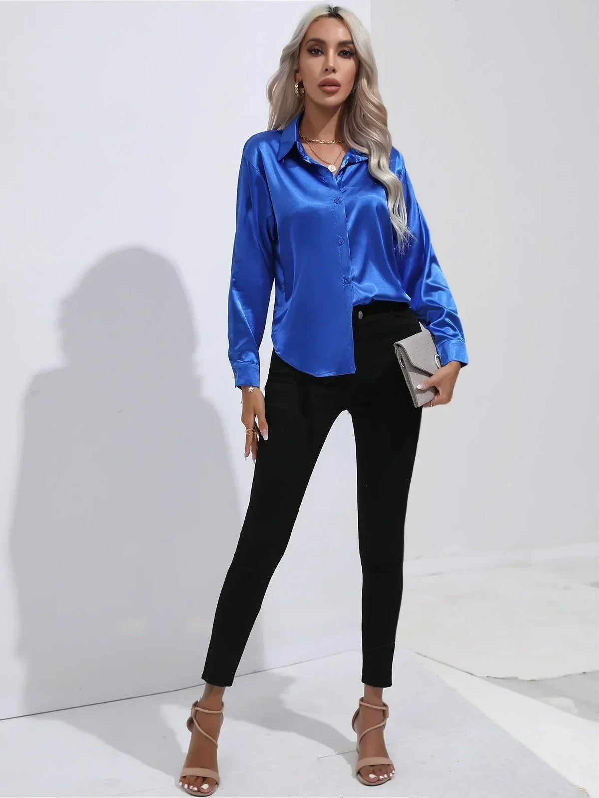 Ladies Luxe Satin Blouse with Collar and Curved Hem