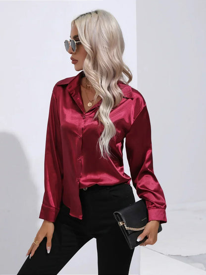 Ladies Luxe Satin Blouse with Collar and Curved Hem