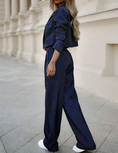 Ladies Striped Co-ord Set Short Blazer and Wide Trousers