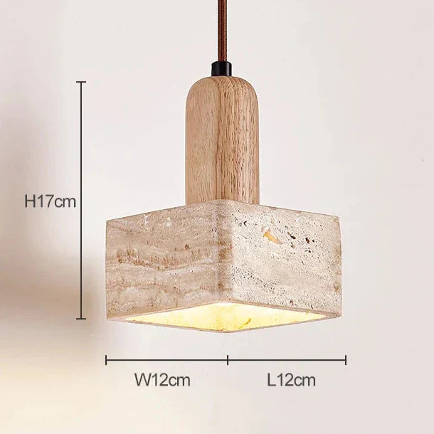 Lámpara colgante cuadrada LED de lujo de travertino y madera