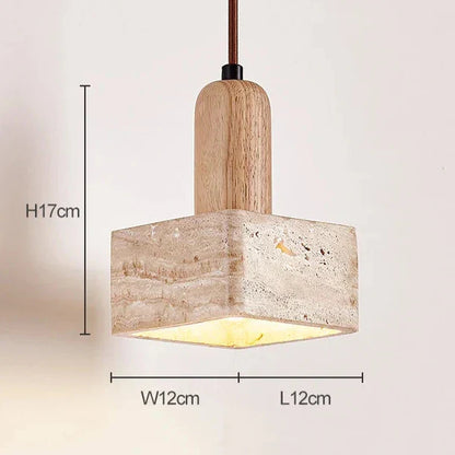 Lámpara colgante cuadrada LED de lujo de travertino y madera