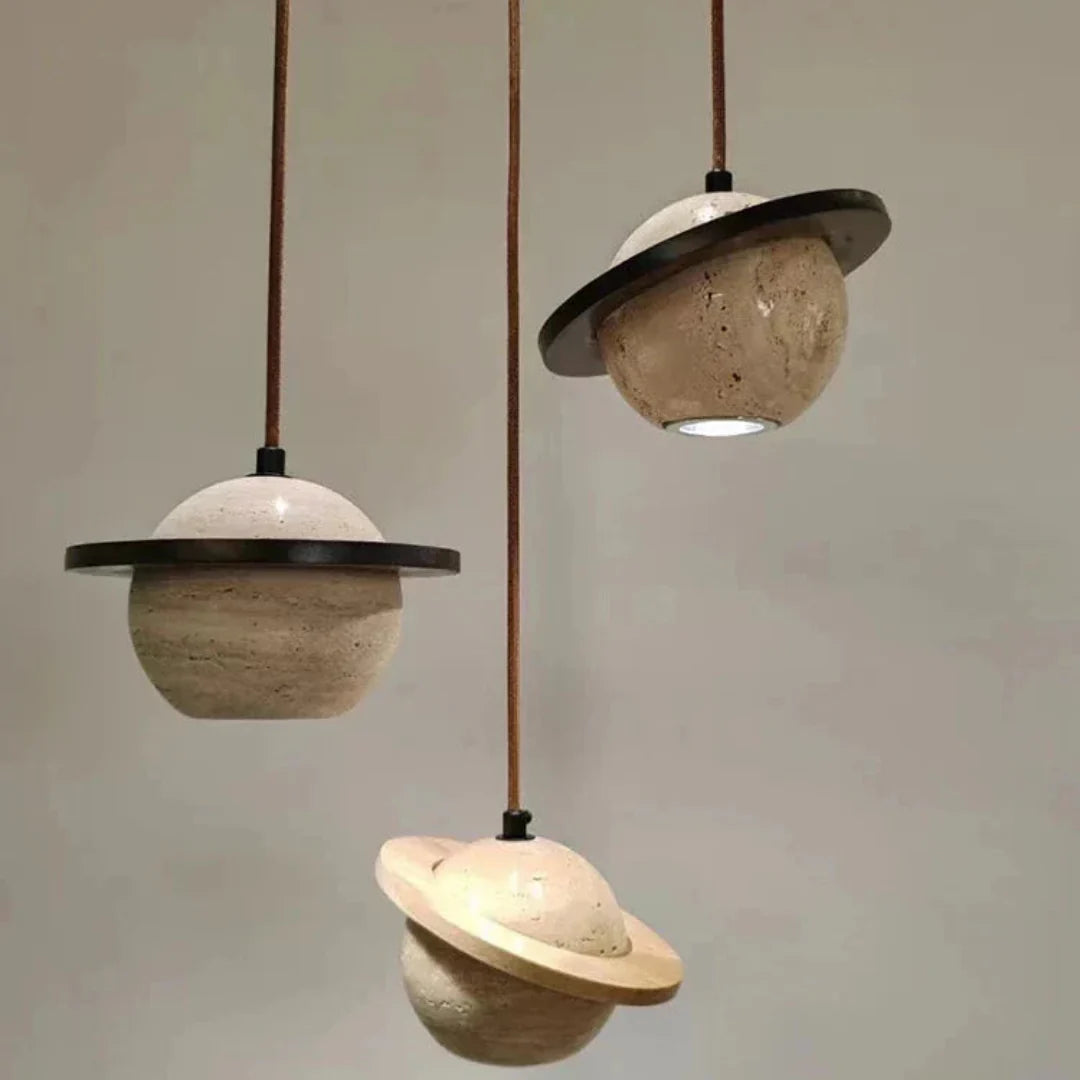 Round Travertine Pendant Lamp – Natural Elegance with LED
