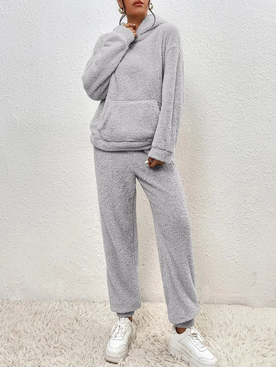 Cuddly teddy loungewear with hood for women - Sandy