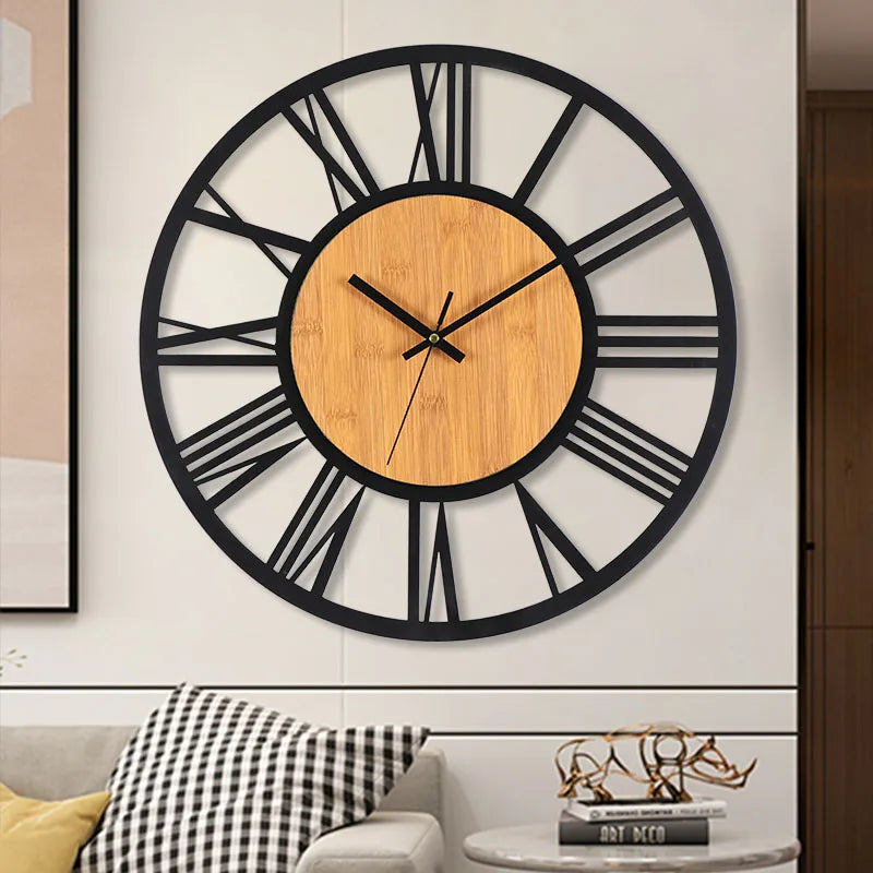 Large Round Wooden Wall Clock - Roman Numerals - Timeless Design