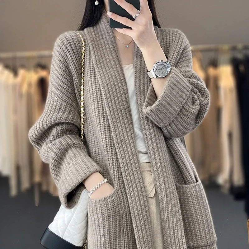 Ladies Timeless Chunky Knit Cardigan with Shawl Collar and Pockets
