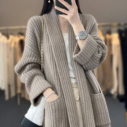 Ladies Timeless Chunky Knit Cardigan with Shawl Collar and Pockets
