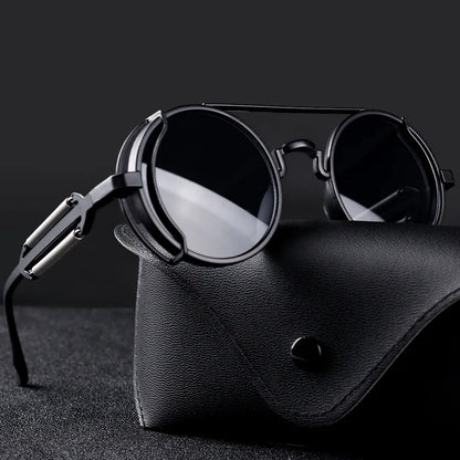 Óculos de sol redondos steampunk com lentes vermelhas e armação metálica