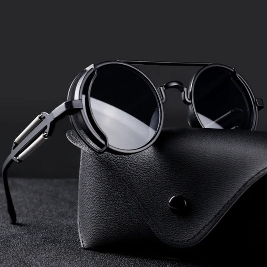Runde Steampunk-Sonnenbrille mit roten Gläsern und Metallrahmen