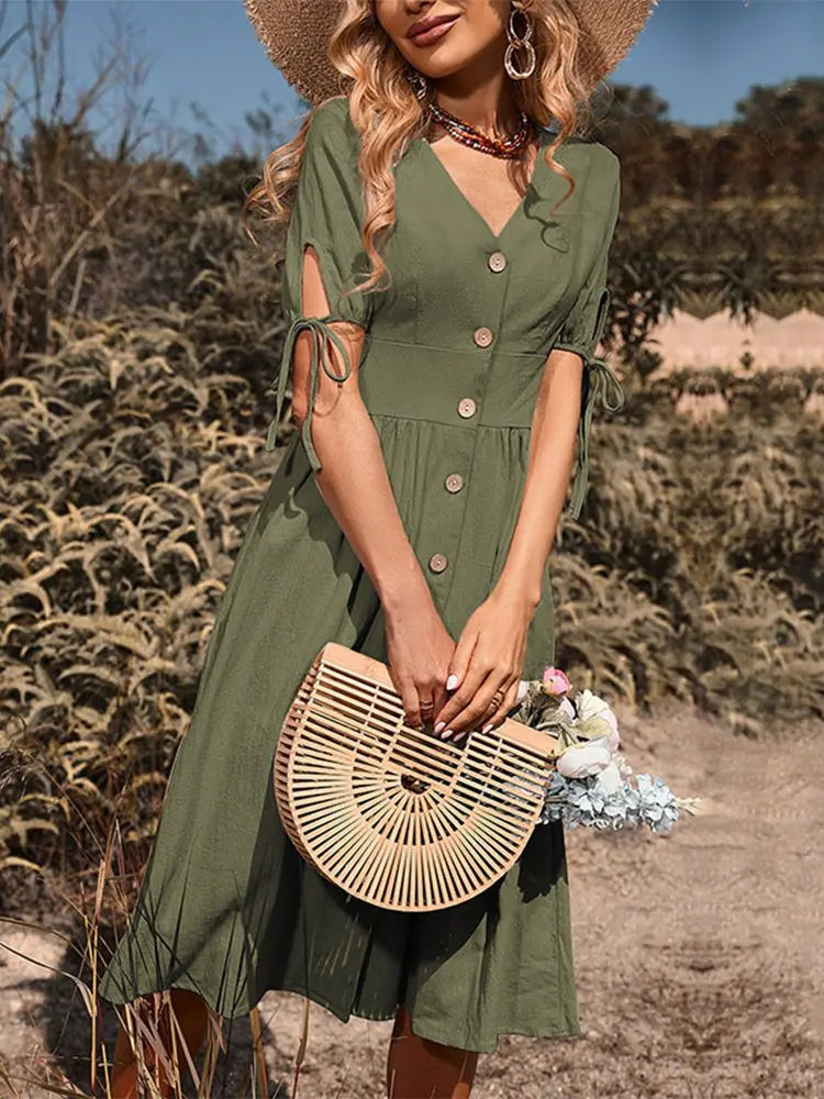 V-neck Cotton Spring/Summer Dress - Annelies