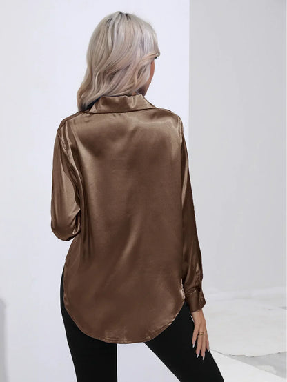 Ladies Luxe Satin Blouse with Collar and Curved Hem