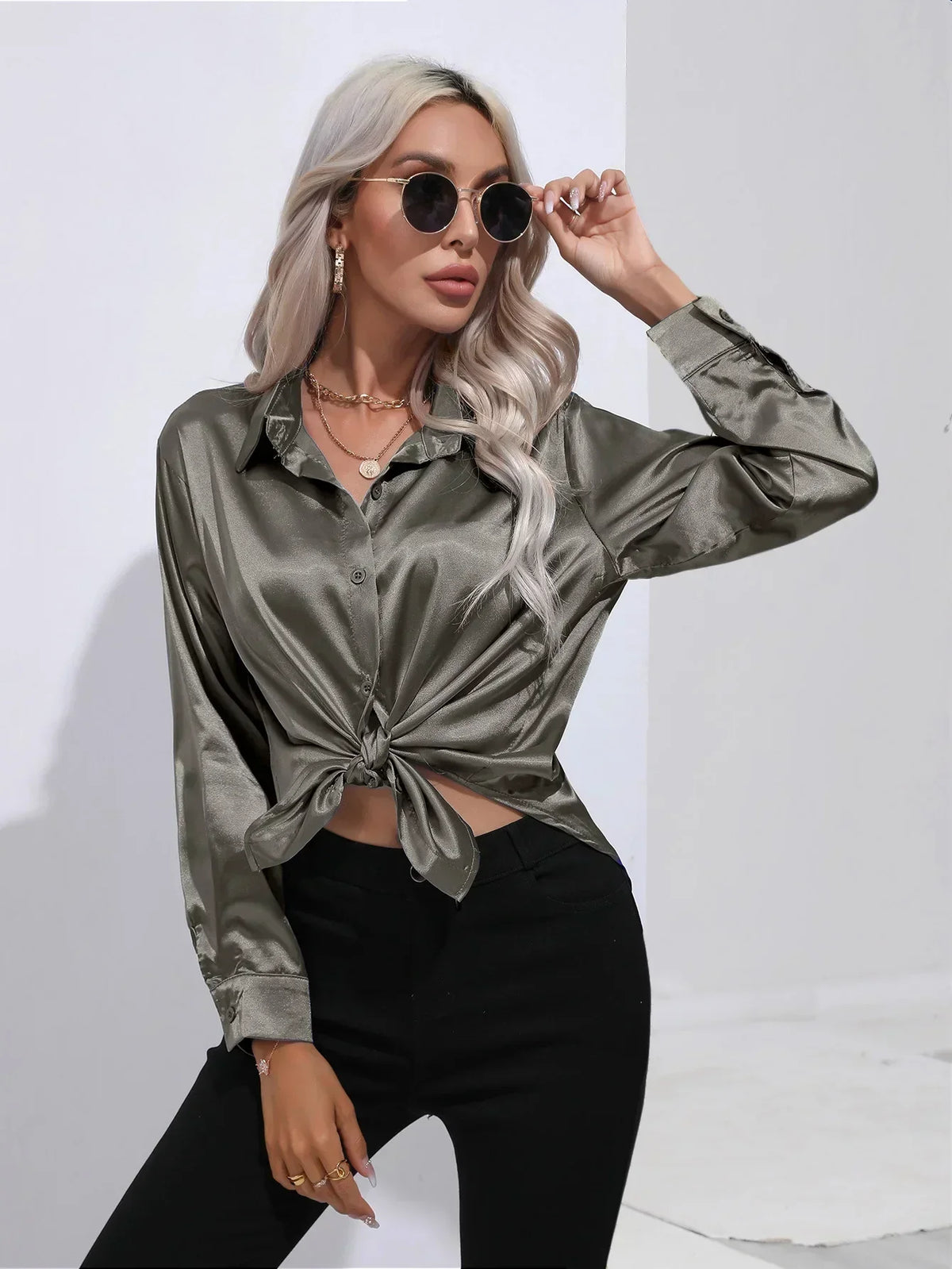 Ladies Luxe Satin Blouse with Collar and Curved Hem
