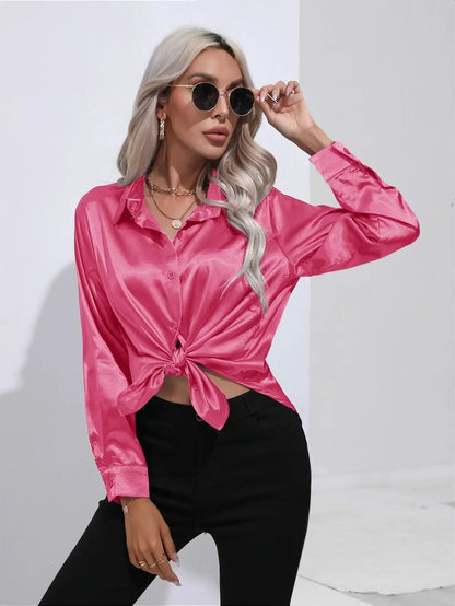Ladies Luxe Satin Blouse with Collar and Curved Hem