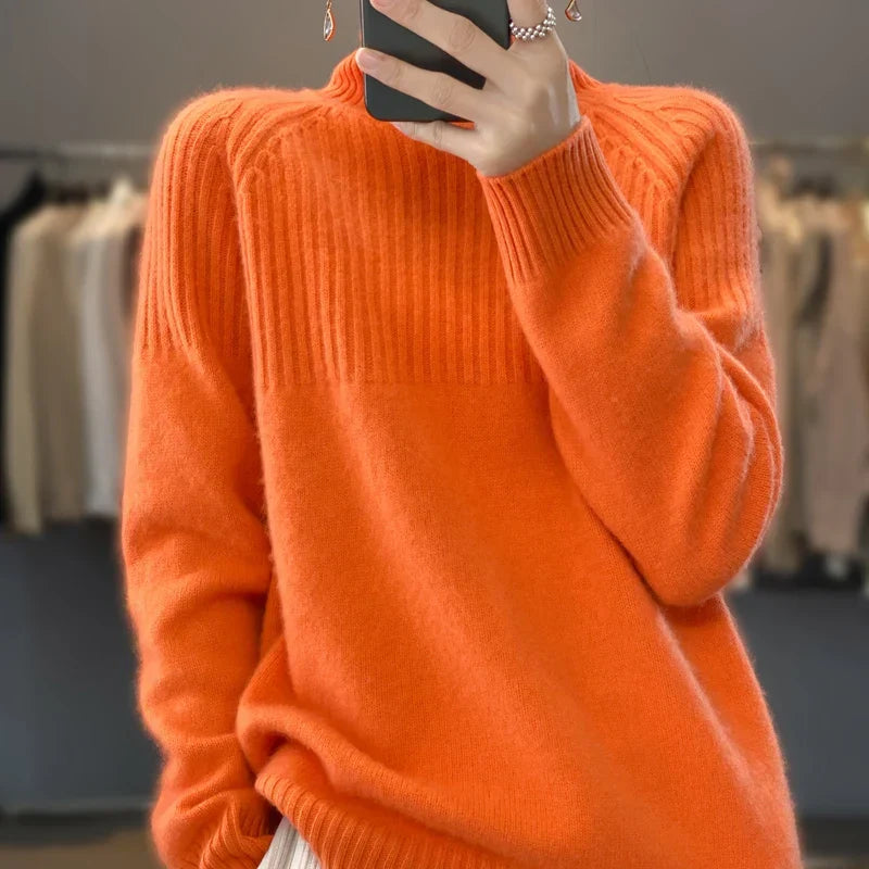 Elegant Warm Ladies' Turtleneck Sweater with Ribbed Details