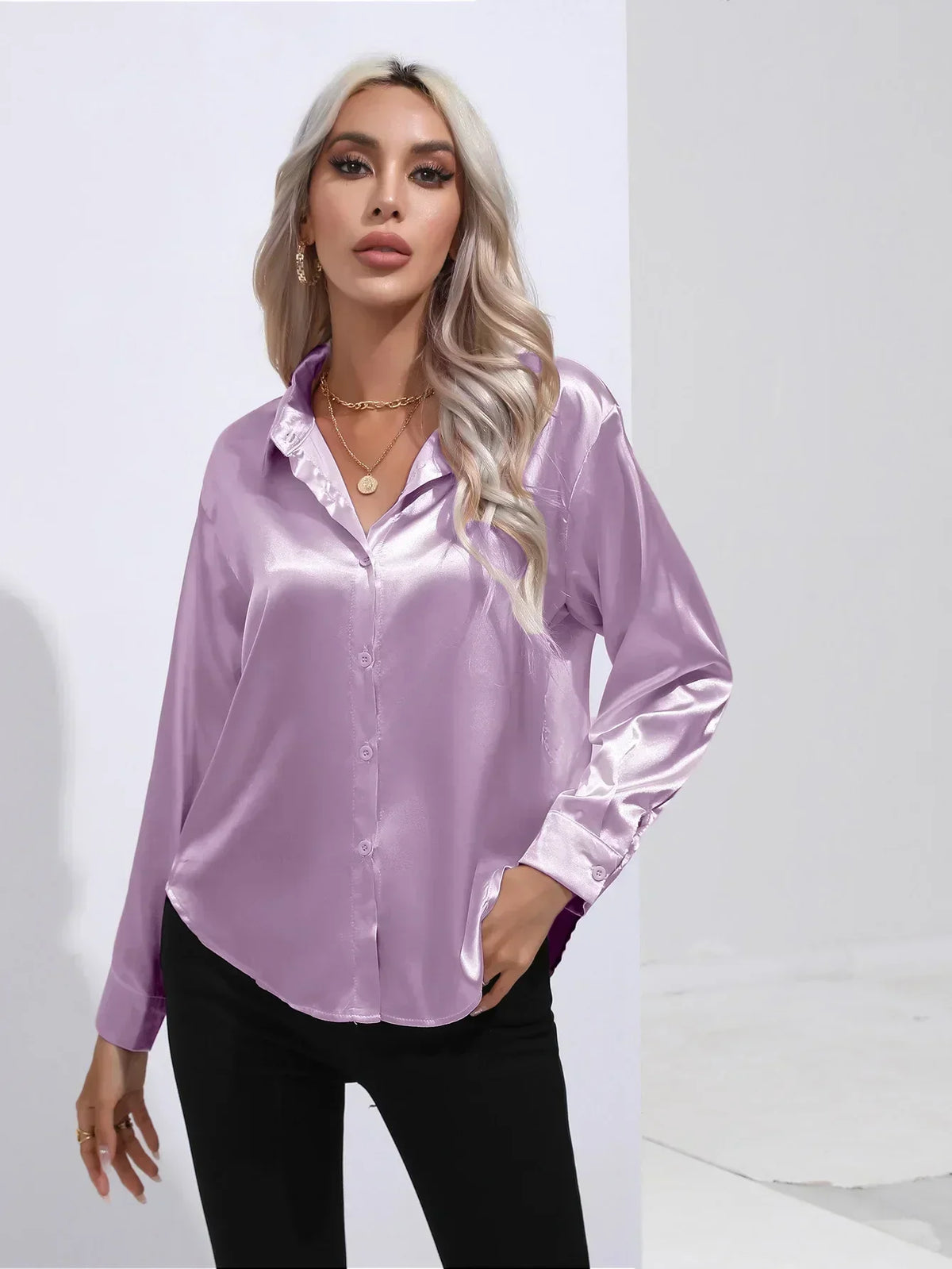Ladies Luxe Satin Blouse with Collar and Curved Hem